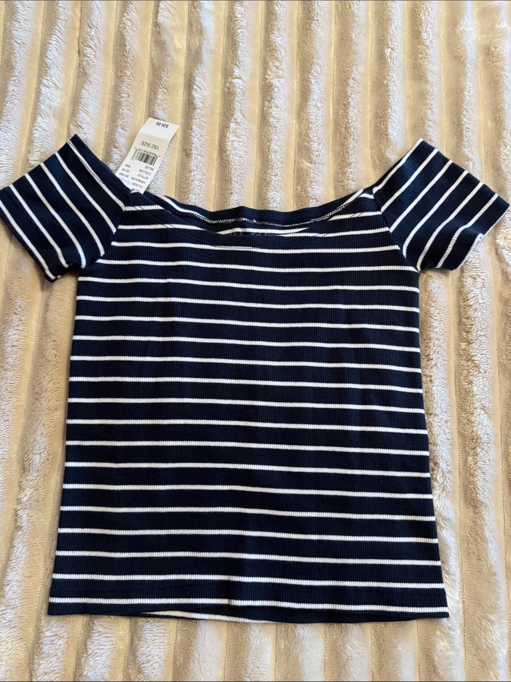 Navy and White Striped Off-Shoulder Crop Top